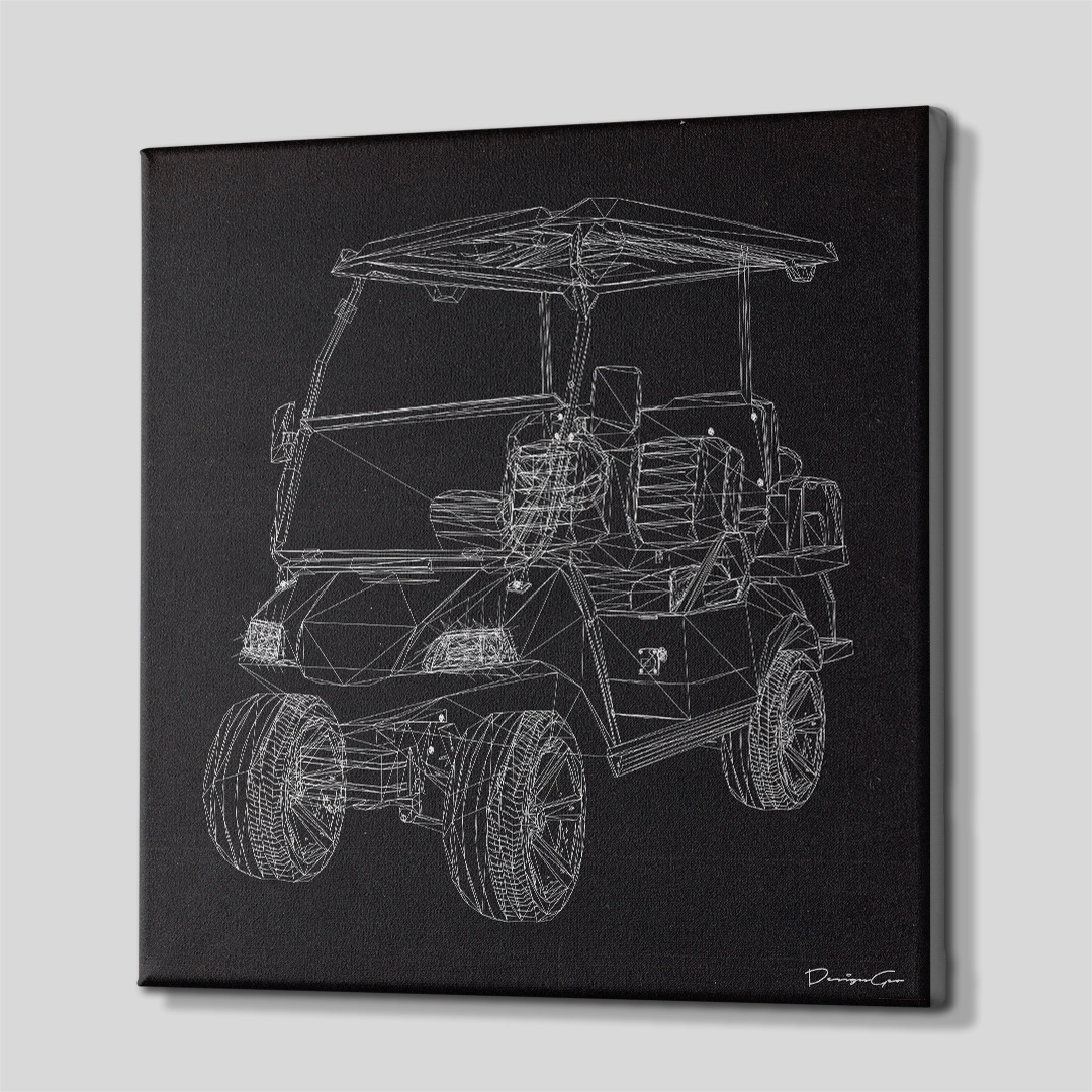 Three-quarter side angle of the square geometric golf cart canvas print, demonstrating the clean gallery-wrapped edges wrapped over solid wooden stretcher bars against a neutral backdrop