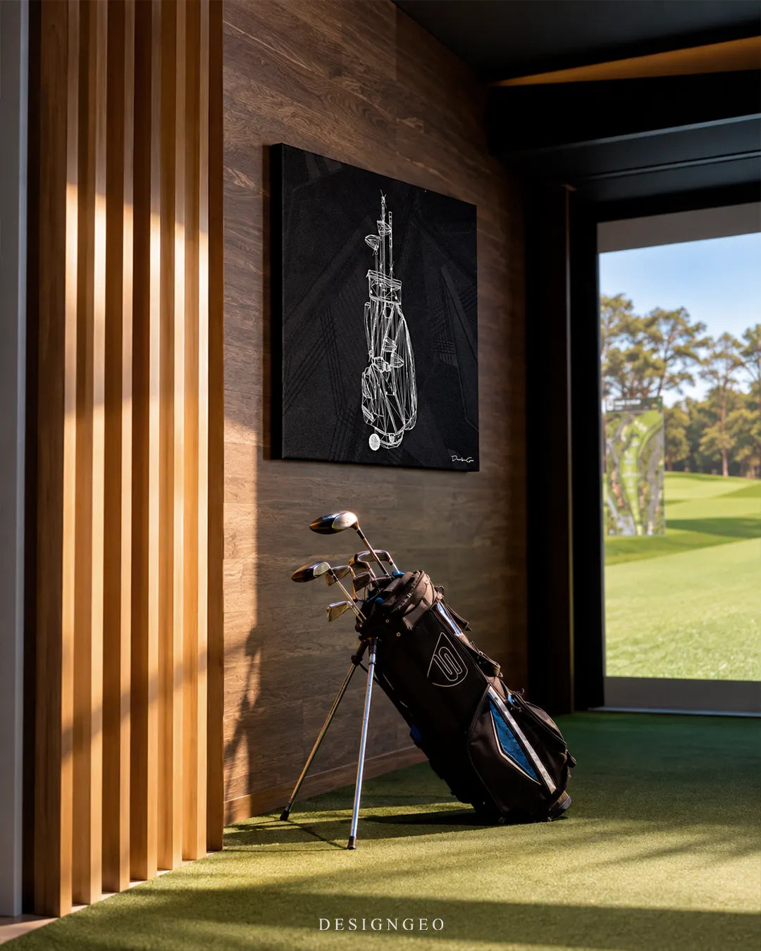 White wireframe golf bag technical schematic blueprint square canvas wall art displayed on a dark wood panel wall in a golf clubhouse simulator lounge above a golf bag stand 0.75 inch thin wrap