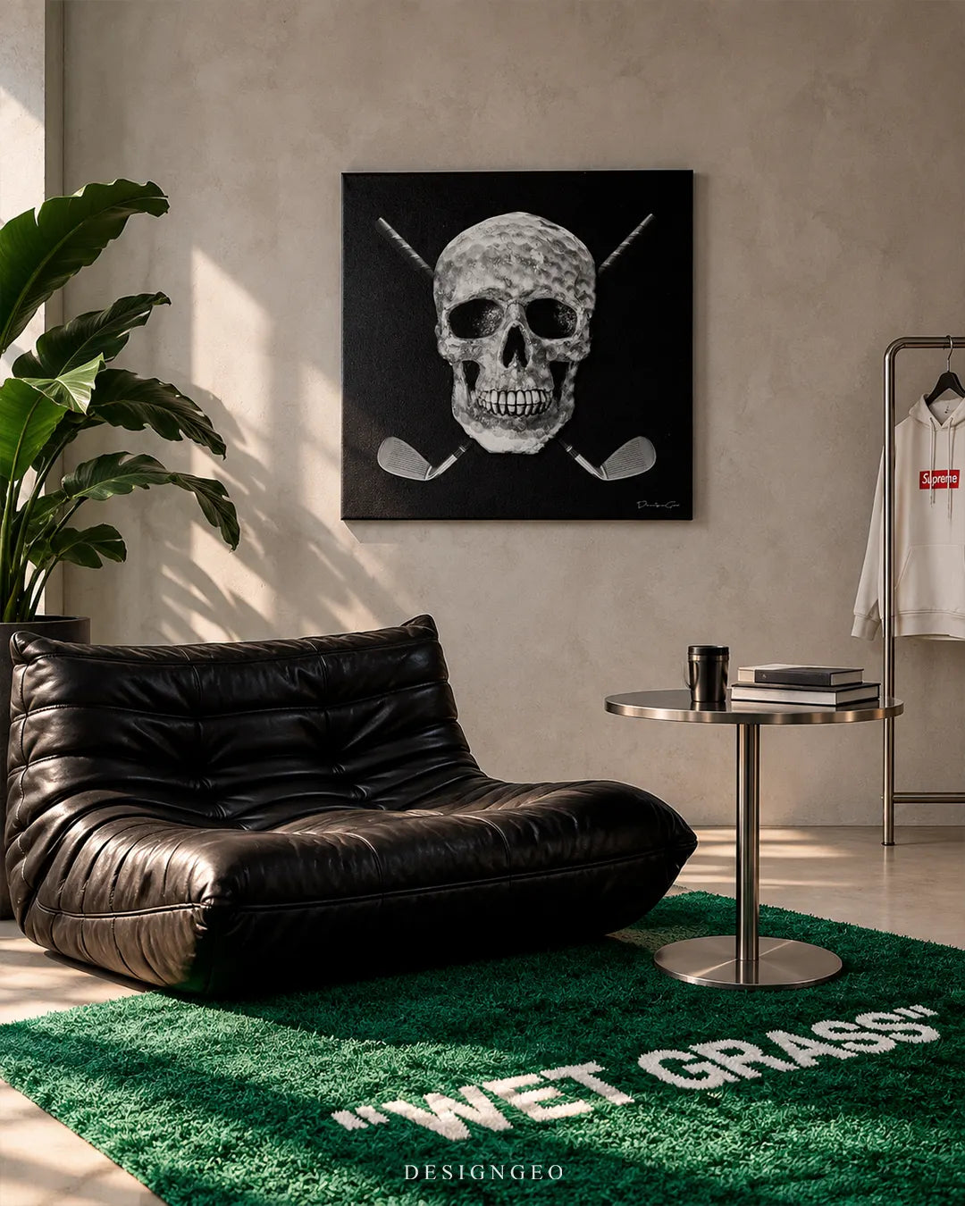 Golf ball texture skull with crossed golf clubs square canvas wall art displayed on a beige wall in a streetwear lounge above a black leather sofa 0.75 inch thin wrap