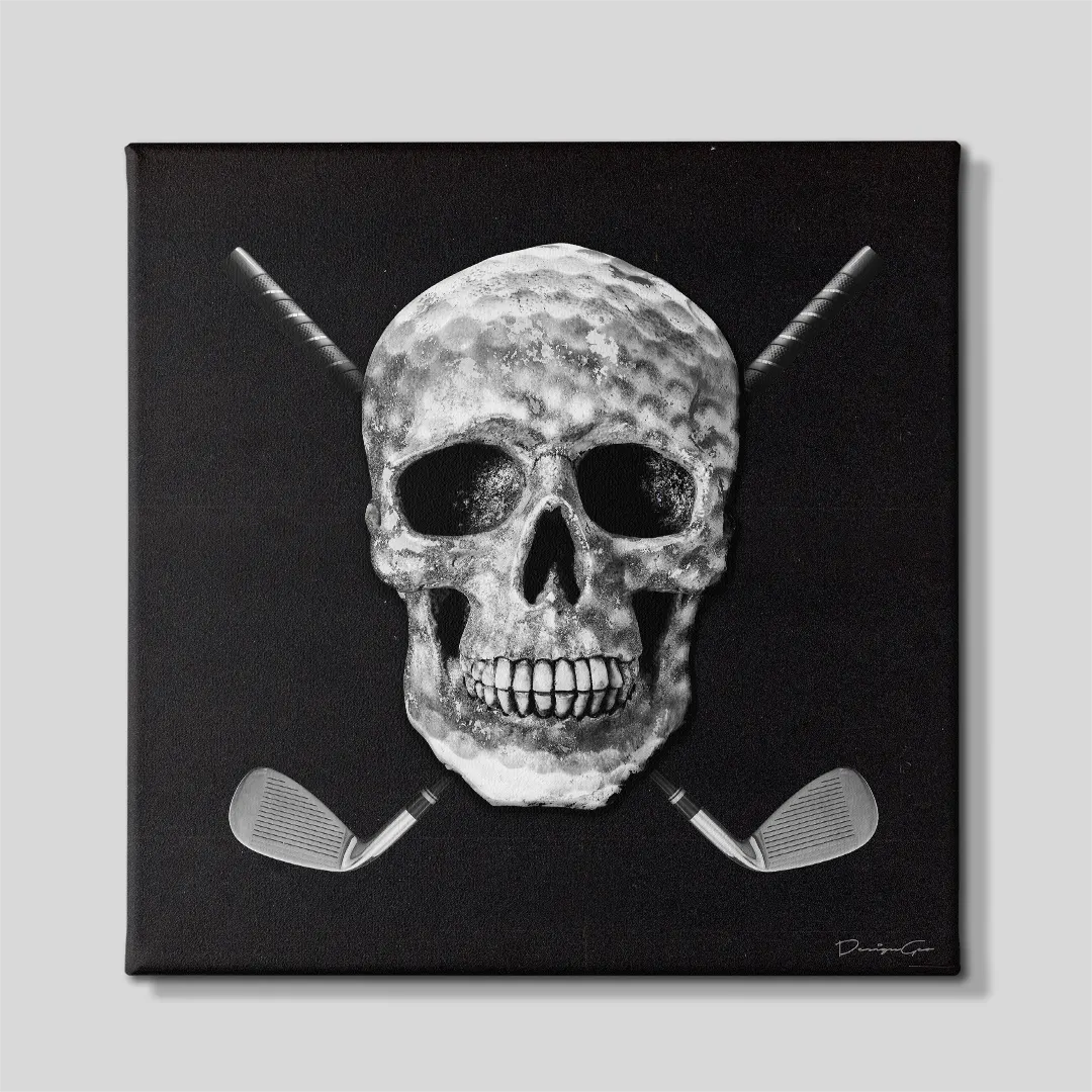Front view of a square black canvas print featuring a human skull with a golf ball dimple texture and crossed golf clubs in a jolly roger style