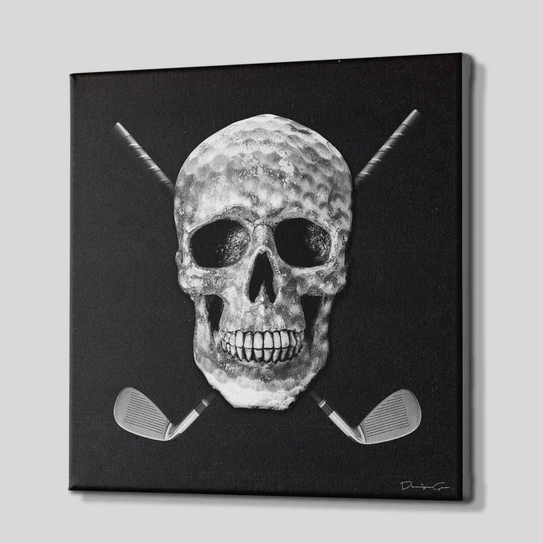 Three-quarter side angle of the golf skull and crossed irons canvas wall art showing gallery-wrapped black edges mounted on a wooden frame