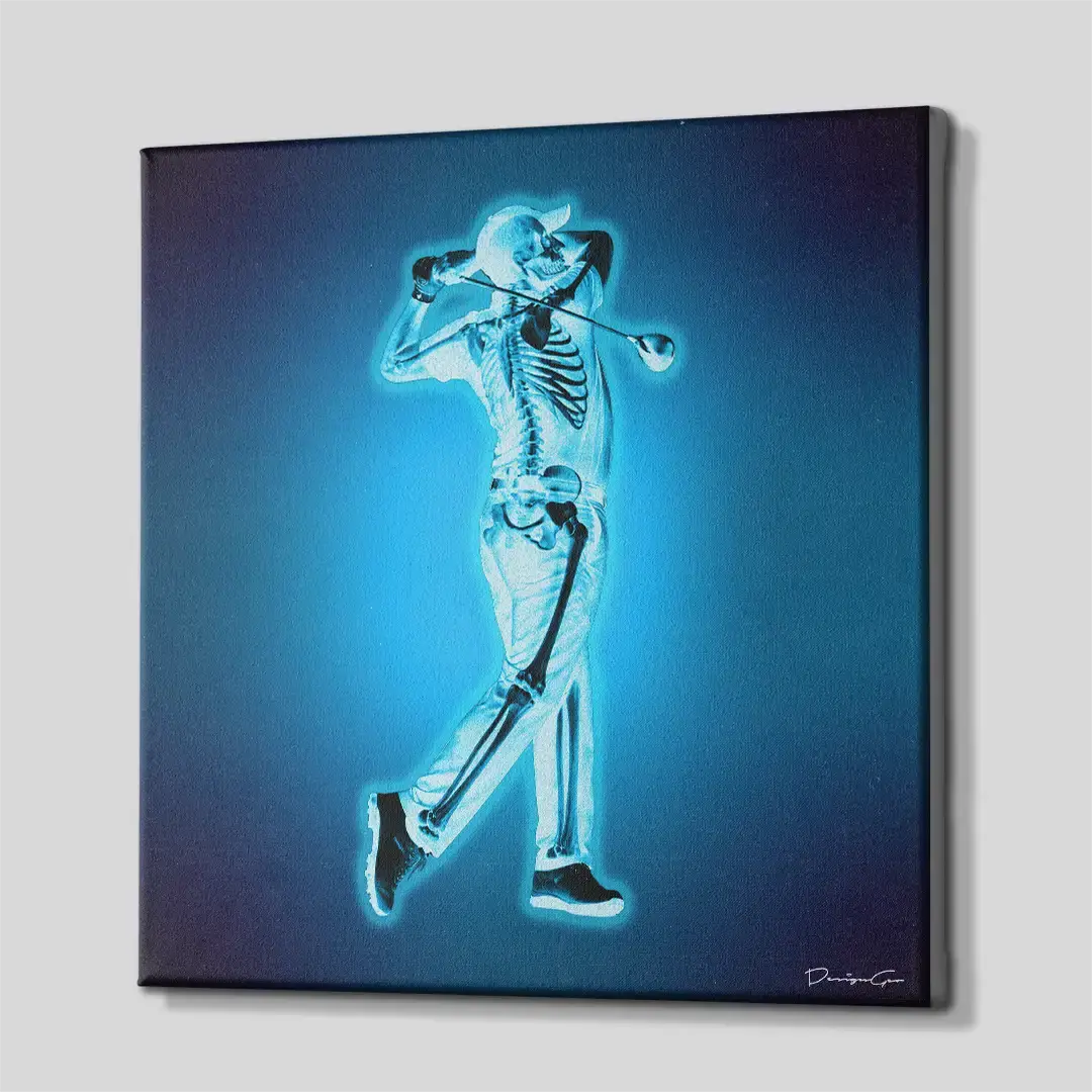 Side angle of the anatomical golf-themed motivation canvas print, highlighting the high-quality gallery wrap finish and the professional 3D frame depth