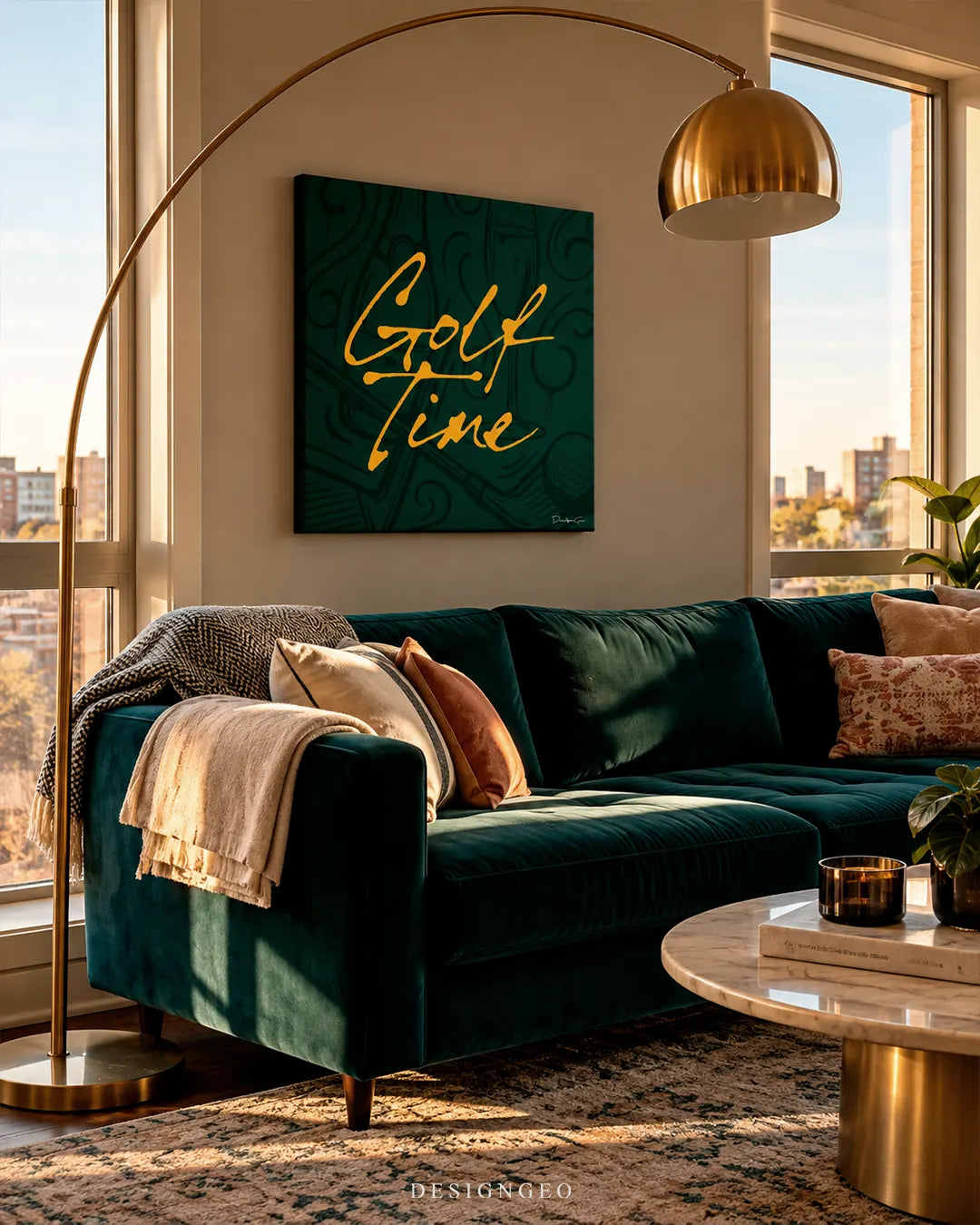 Gold handwritten Golf Time typography square canvas wall art displayed on a beige wall in an elegant living room above a dark green velvet sofa 0.75 inch thin wrap