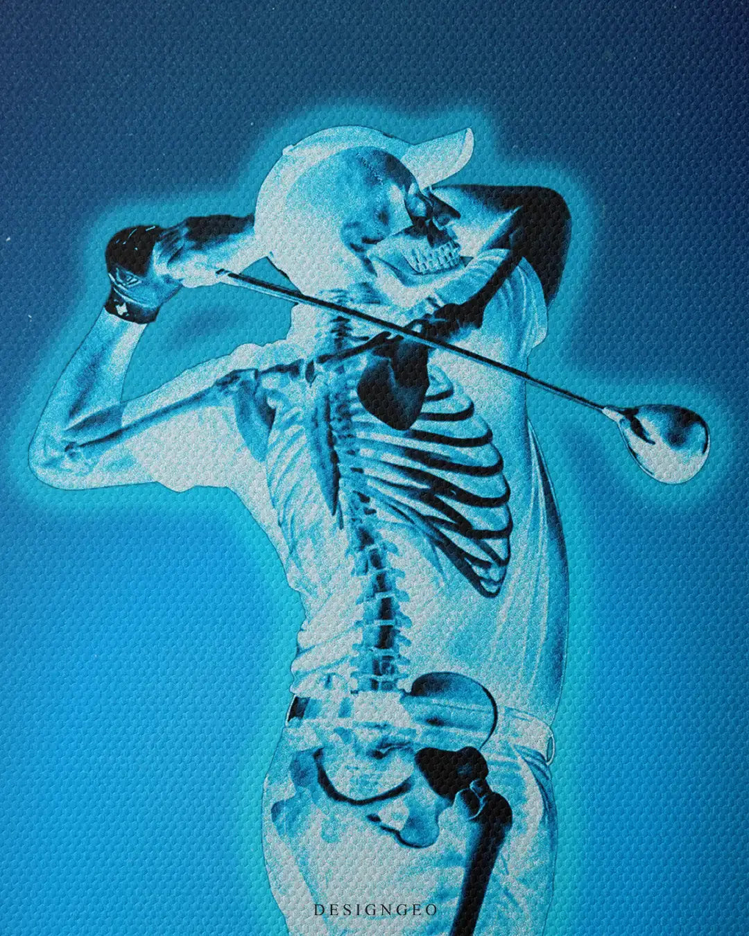 Detailed view of the "Anatomy of a Swing" art, showcasing the intricate bone structure and the glowing X-ray aesthetic of the contemporary sports canvas