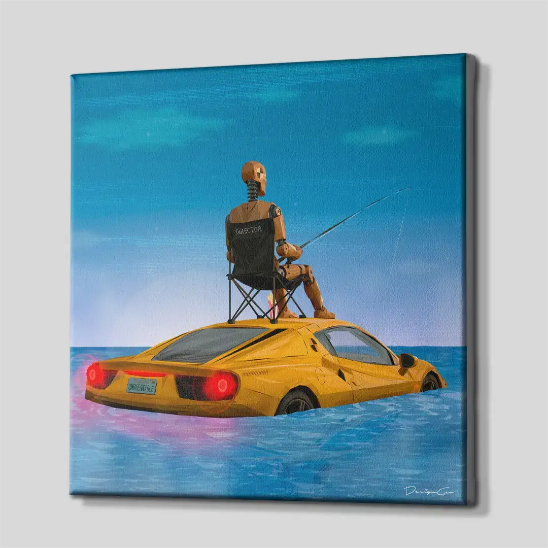 Side angle of the yellow sports car concept canvas print, highlighting the premium gallery wrap finish and the professional 3D frame depth for luxury wall setups