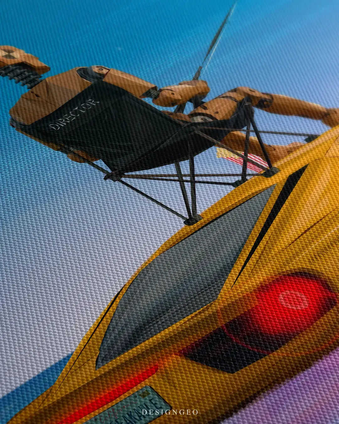 Detailed view of the "Gone Fishing" canvas art, showcasing the high-contrast bright yellow supercar, the fishing lines, and the sleek modern matte finish