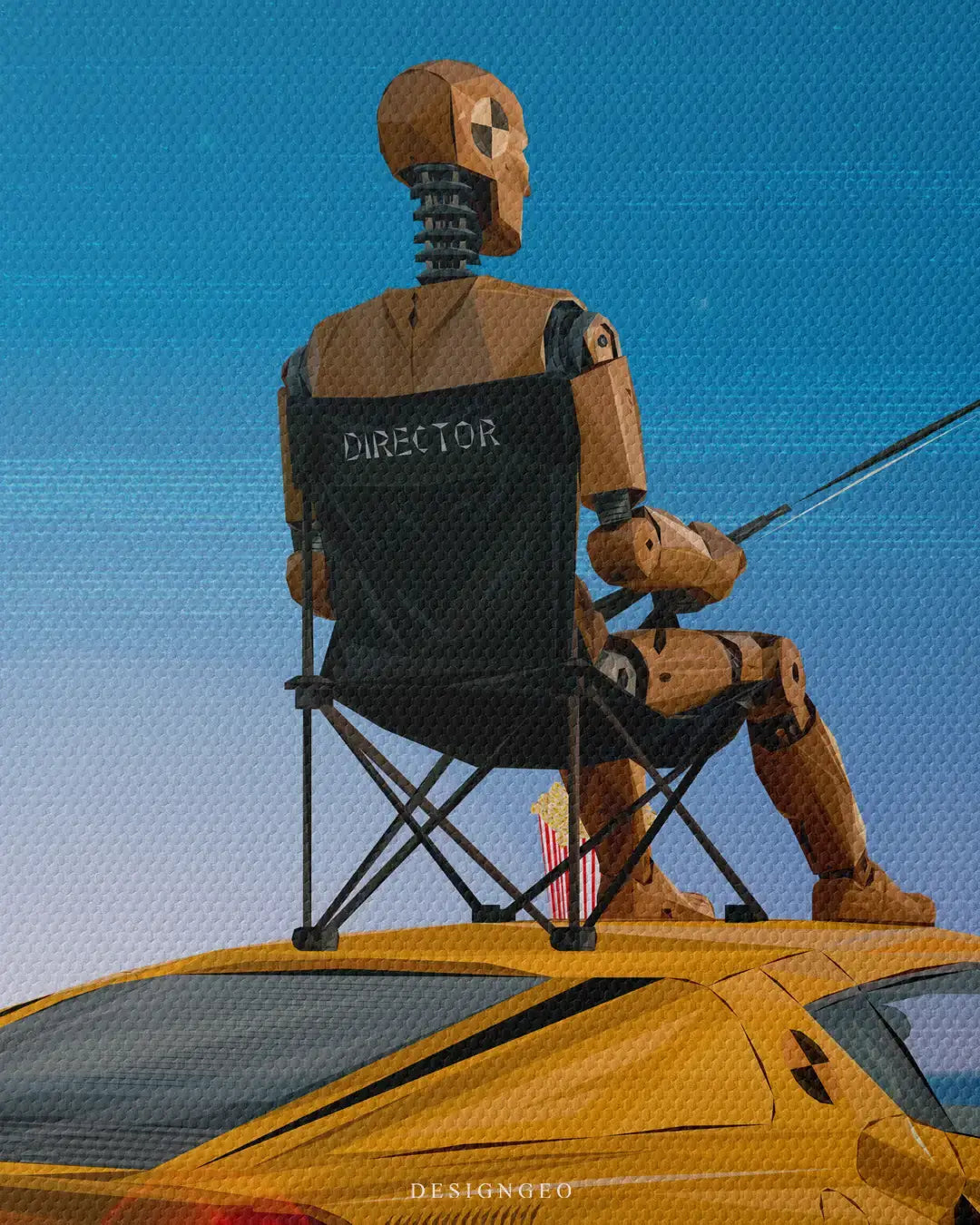 Close-up of surrealist pop wall art titled Gone Fishing, featuring an articulated dummie figure sitting on a yellow luxury sports car roof holding a fishing rod against a vibrant light blue background