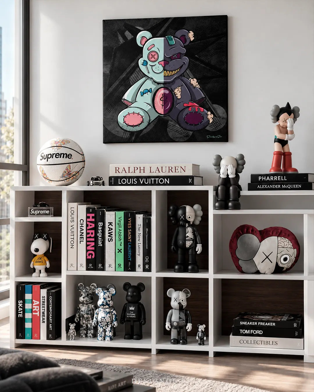 Square dark canvas print featuring a split teddy bear with a cute pastel half and a dark evil half mounted on a white wall above a shelving unit filled with designer collectibles
