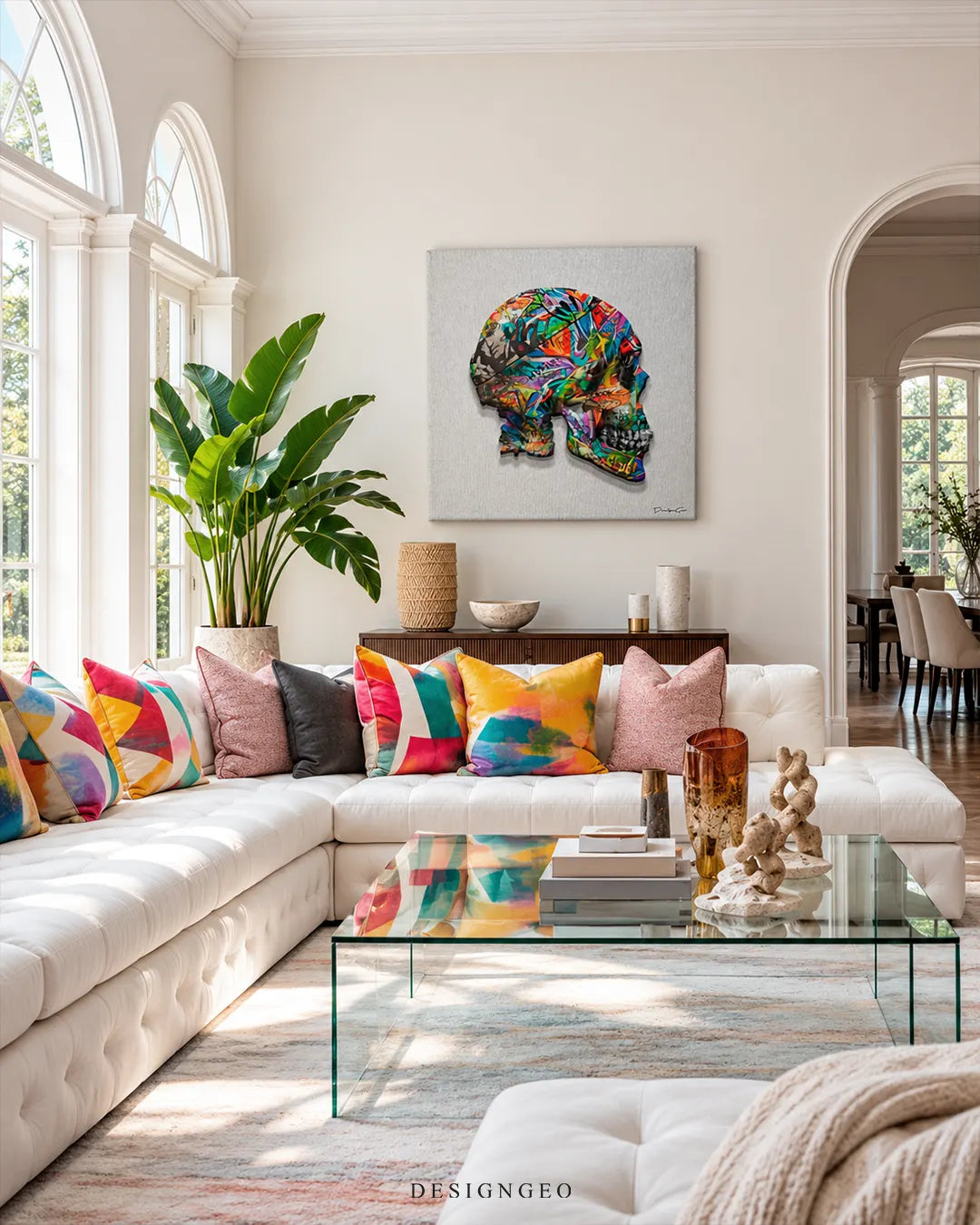 Colorful graffiti skull side profile square canvas wall art displayed on a beige wall in a bright living room above a white sectional sofa 0.75 inch thin wrap