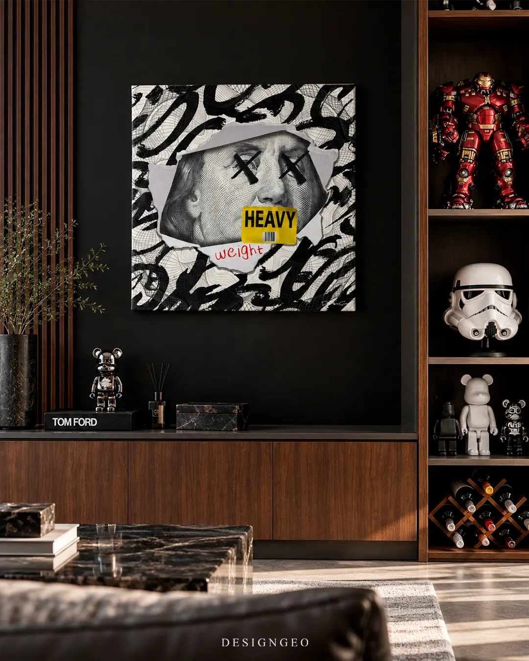 Heavyweight silenced Benjamin Franklin square canvas wall art featuring X eyes and yellow tape over mouth displayed on a black accent wall in a modern collector lounge above a dark wood console