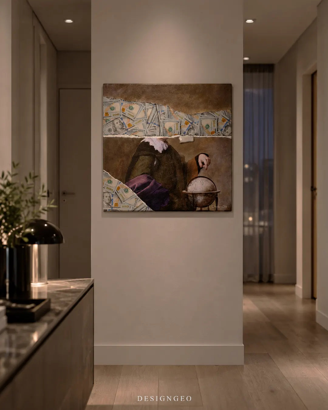 Hidden Money classical portrait ripped canvas revealing hundred dollar bills luxury square canvas wall art mounted on wall in modern hallway with accent lamp and decor 0.75 inch thin wrap