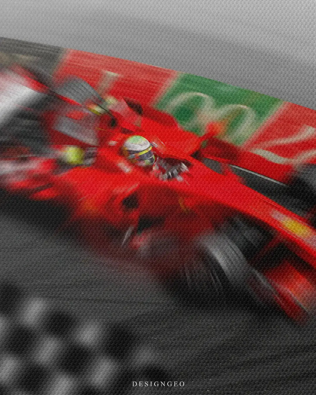 Detailed view of the "Monaco Roulette" art, showcasing the vibrant red contrast of the car against the detailed black, red, and green numbers of the casino-themed racetrack curve