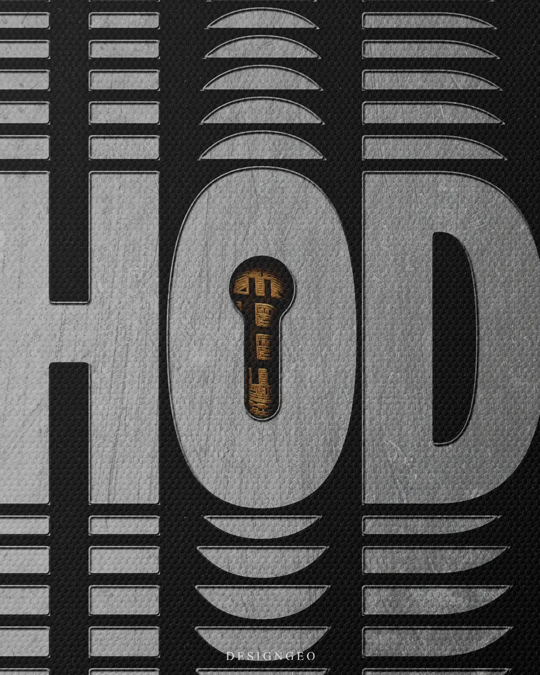 Medium shot showing silver metallic letters HOD and a central keyhole revealing a golden Bitcoin crypto symbol on a textured black canvas
