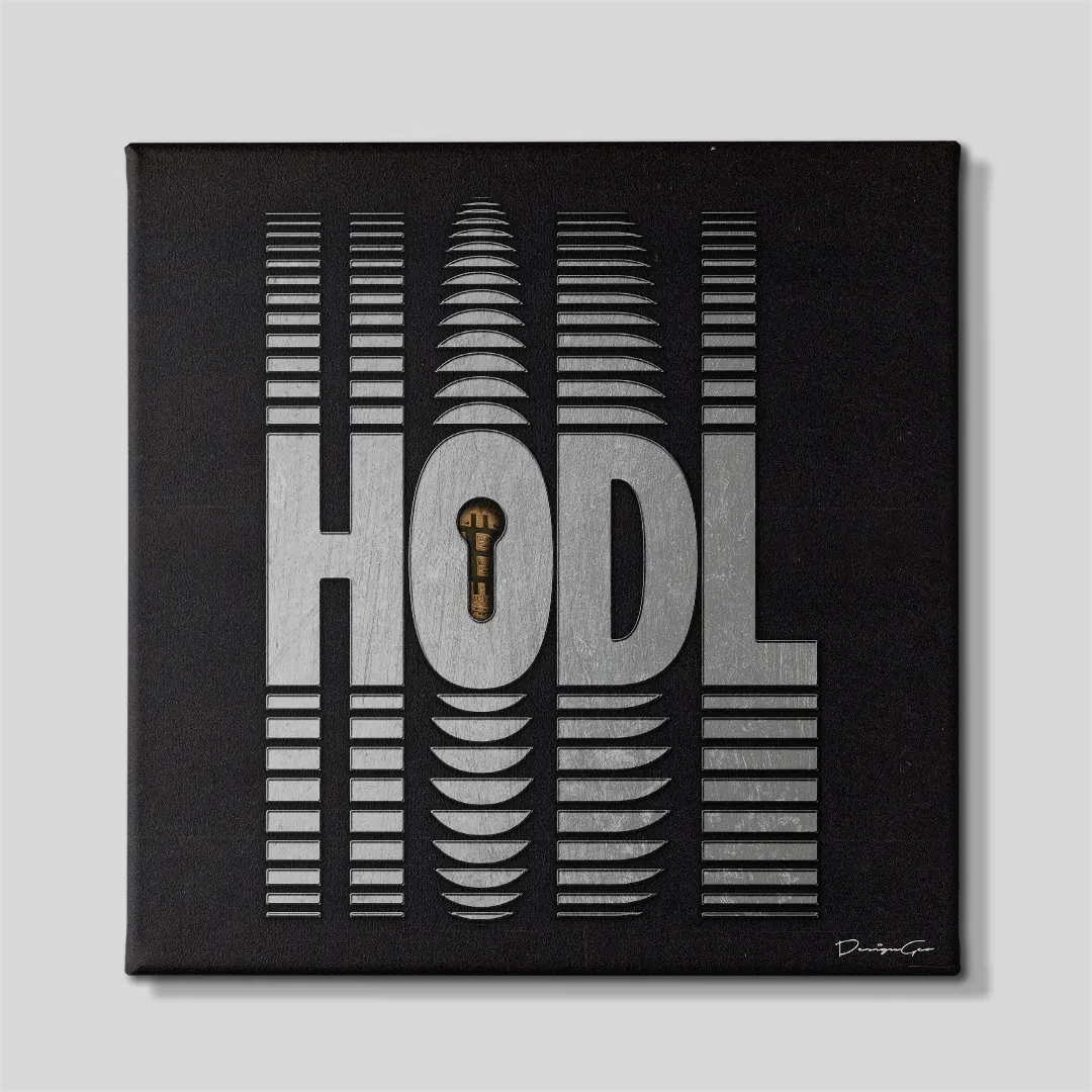 Front view of a square black canvas print featuring the word HODL in metallic silver typography with a gold Bitcoin keyhole inside the letter O