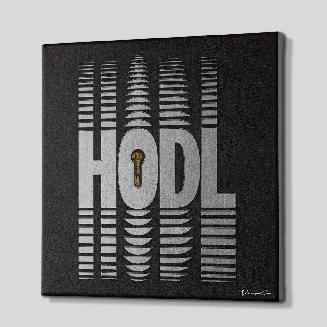 Three-quarter side angle of the HODL Bitcoin canvas wall art showing gallery-wrapped black edges mounted on a wooden frame