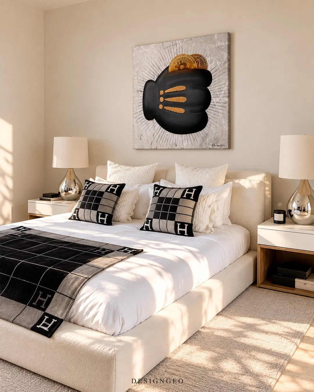 Black cartoon glove holding gold Bitcoin and Ethereum coins square canvas wall art displayed on a beige wall in a modern luxury master bedroom above a cream upholstered bed with designer pillows