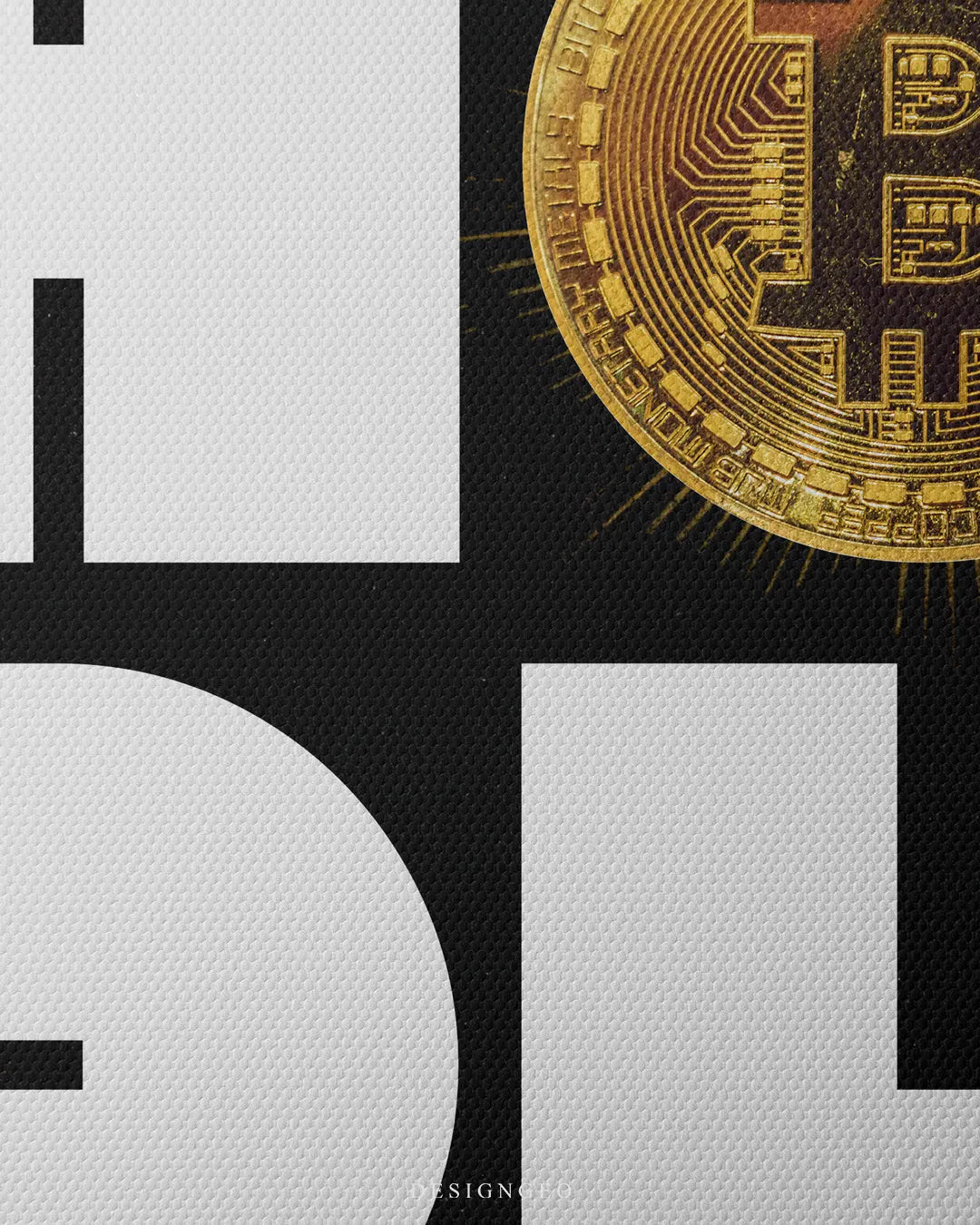 Close-up macro detail shot showing the physical canvas texture, crisp white HODL typography, and metallic gold Bitcoin coin detail