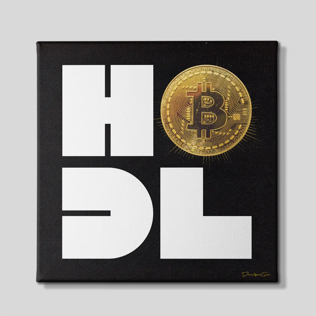 Front view of a square black canvas print featuring bold white letters spelling HODL with a golden Bitcoin coin replacing the letter O