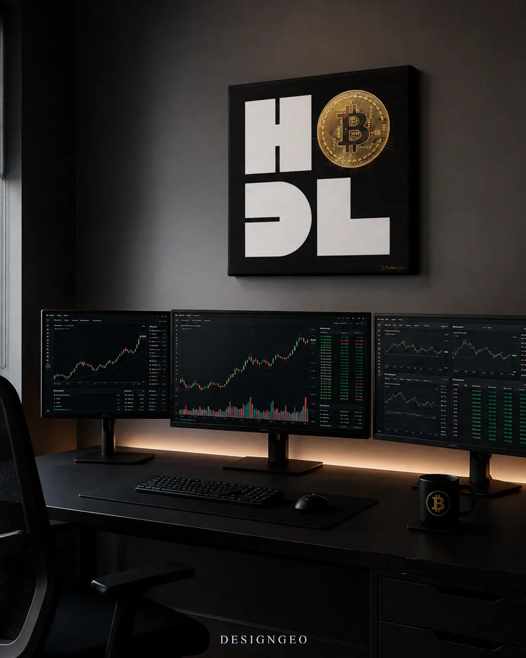Square HODL Bitcoin canvas print mounted above a dark multi-monitor crypto trading desk setup with candlestick charts and a Bitcoin mug