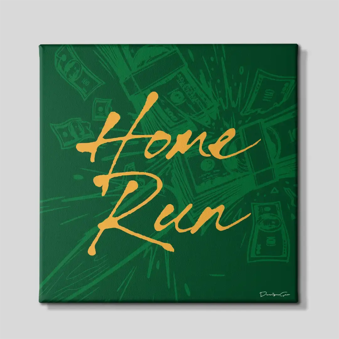 Front view of the "Home Run" motivational square canvas wall art, a premium decorative piece for executive offices, sports-themed workspaces, or creative studios