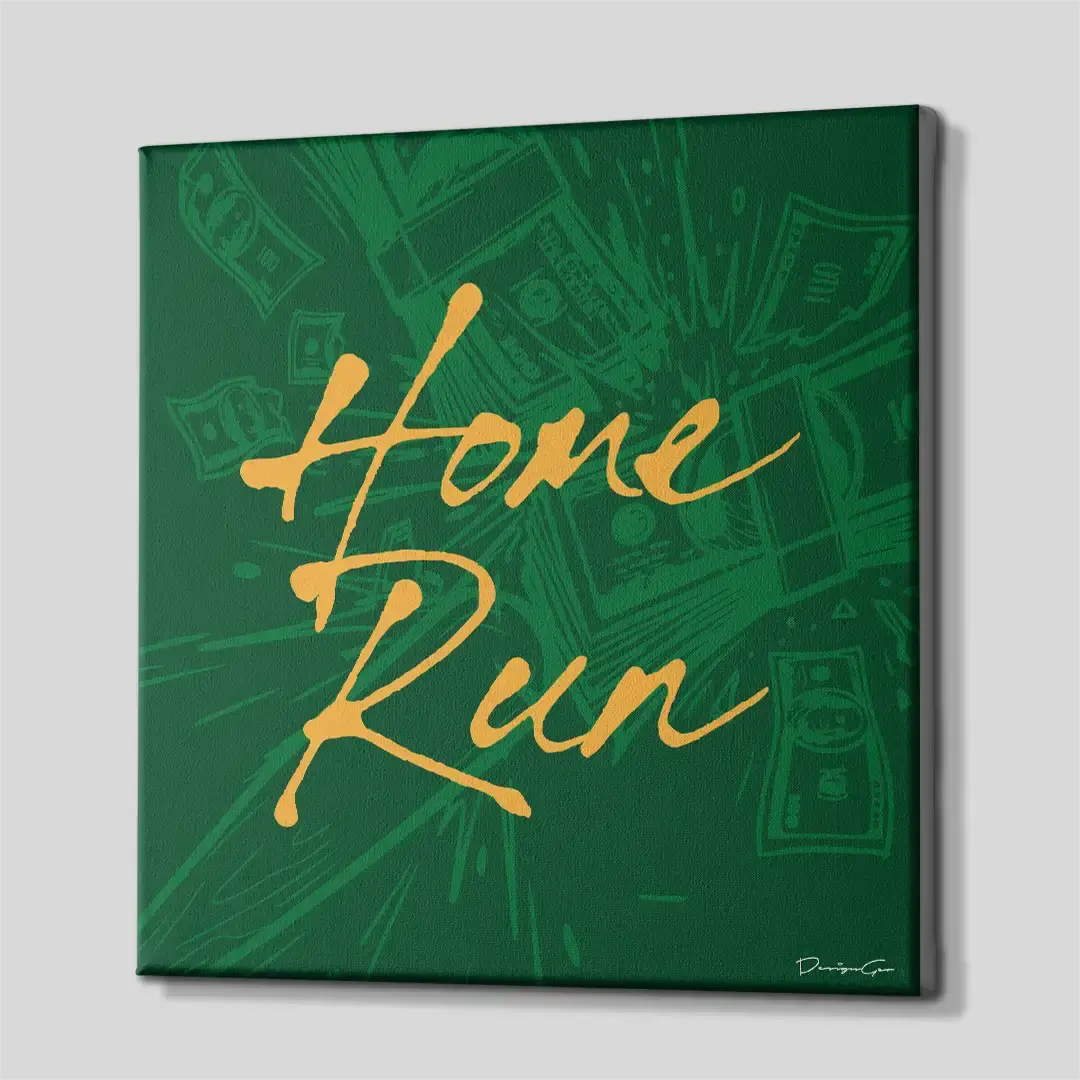 Side angle of the burgundy and yellow "Home Run" canvas print, highlighting the high-quality gallery wrap finish and professional 3D frame depth