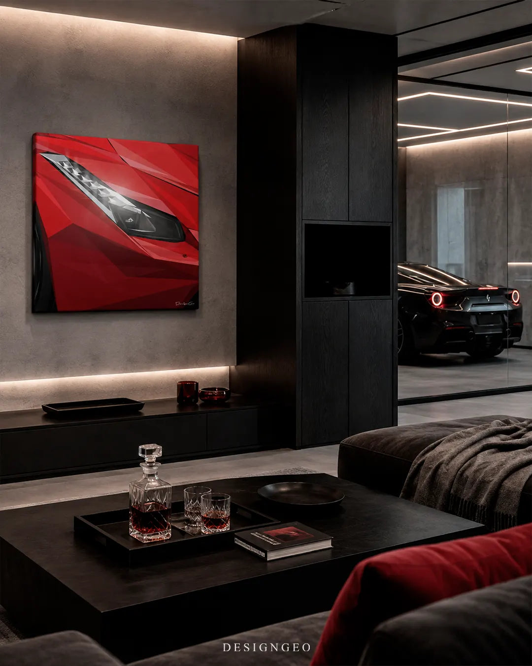 Square red exotic sports car headlight canvas wall art mounted on a concrete wall in a luxury lounge with a dark supercar parked behind a glass showroom wall