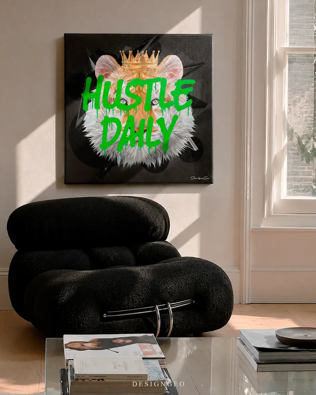 Square Hustle Daily tiger canvas wall art hanging on a cream wall above a black modern armchair in a sunlit living room