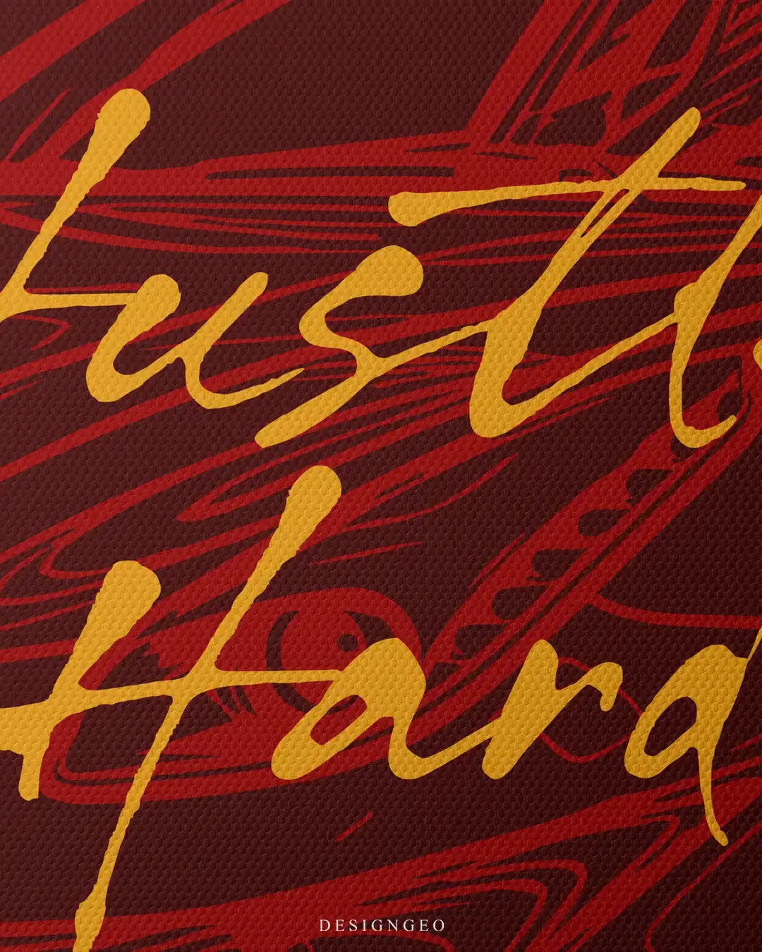 Detailed view of the "Hustle Hard" art, showcasing the high-contrast color palette and the textured abstract brushstrokes of the contemporary canvas
