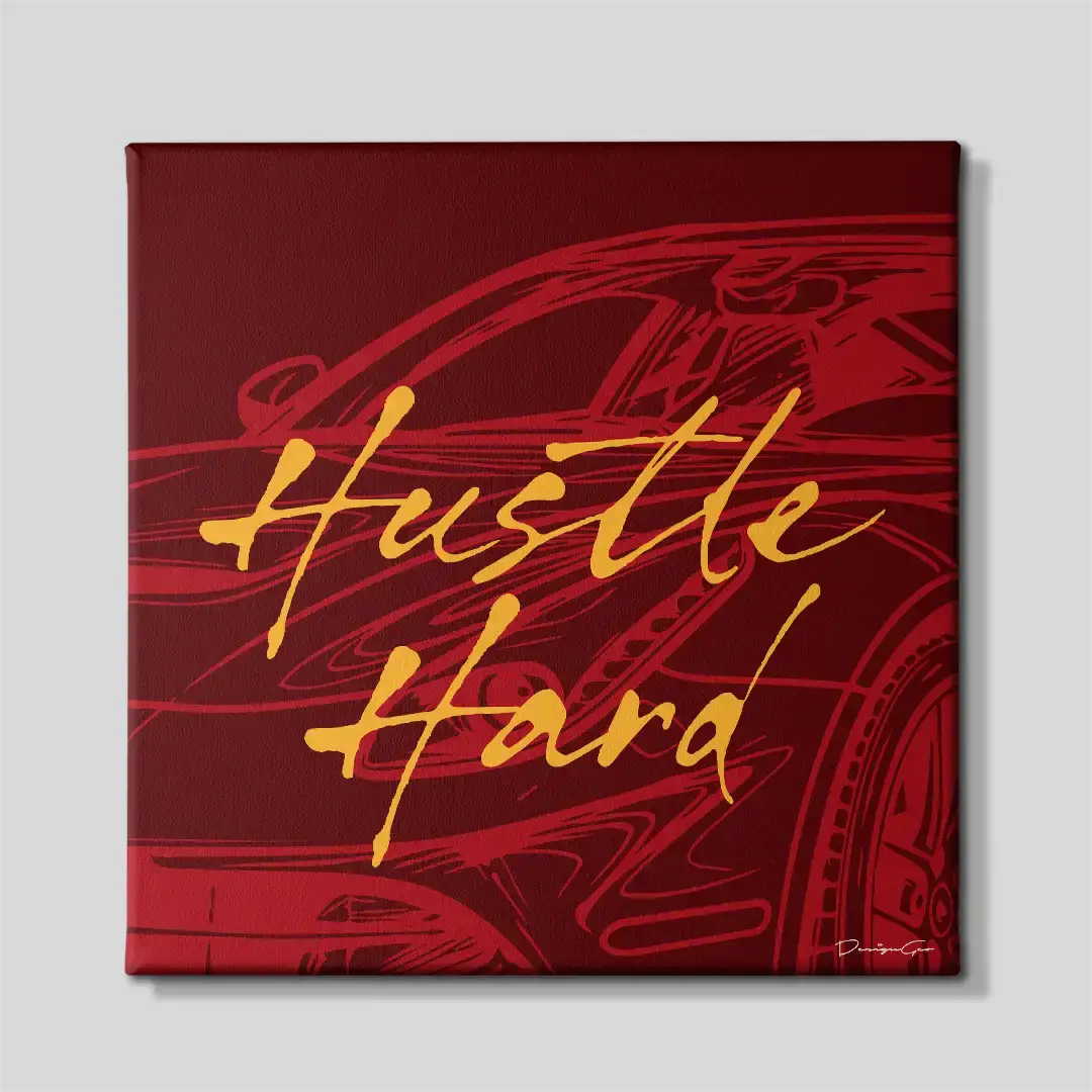 Front view of the "Hustle Hard" motivational square canvas wall art, a premium decorative piece for modern executive offices, home workspaces, or creative studios
