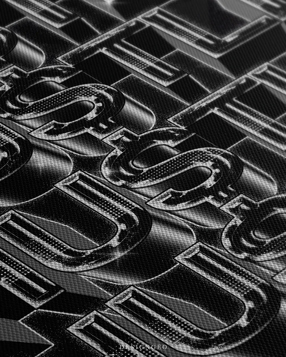 Angled close-up detail shot highlighting the fine canvas material and silver chrome reflections on the 3D Hustle typography print