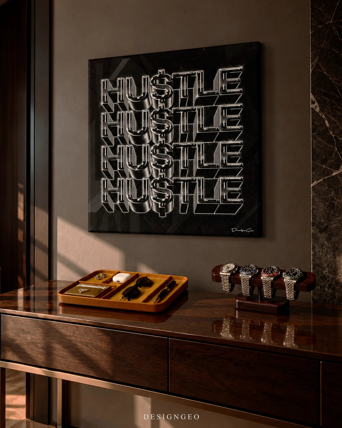 Hustle 3D typographic dollar sign square canvas wall art mounted on dark gray wall above wooden console table with luxury watch stand and valet tray 0.75 inch thin wrap