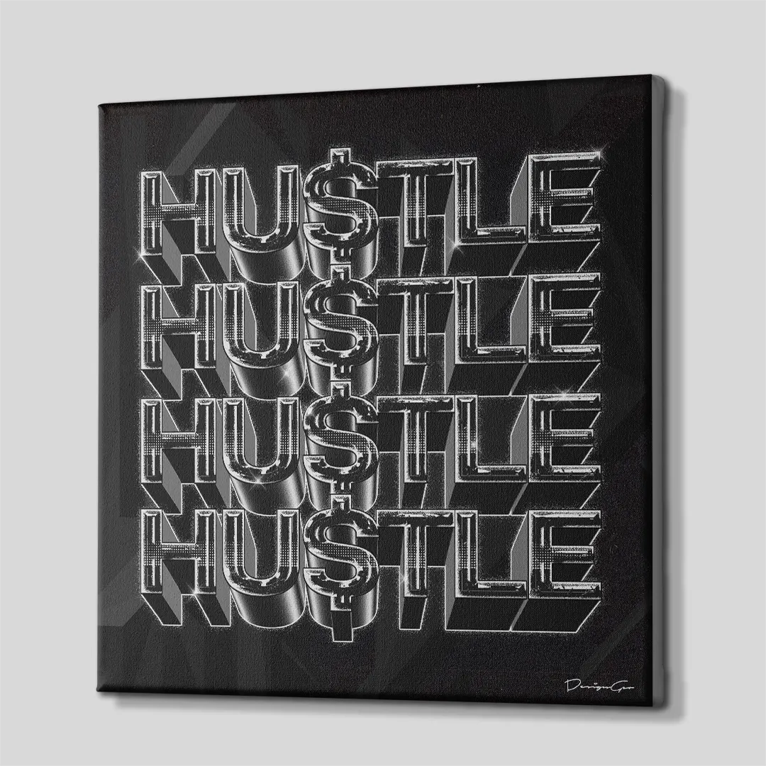 Three-quarter side angle of the Hustle dollar sign canvas wall art showing gallery-wrapped dark edges mounted on a wooden frame