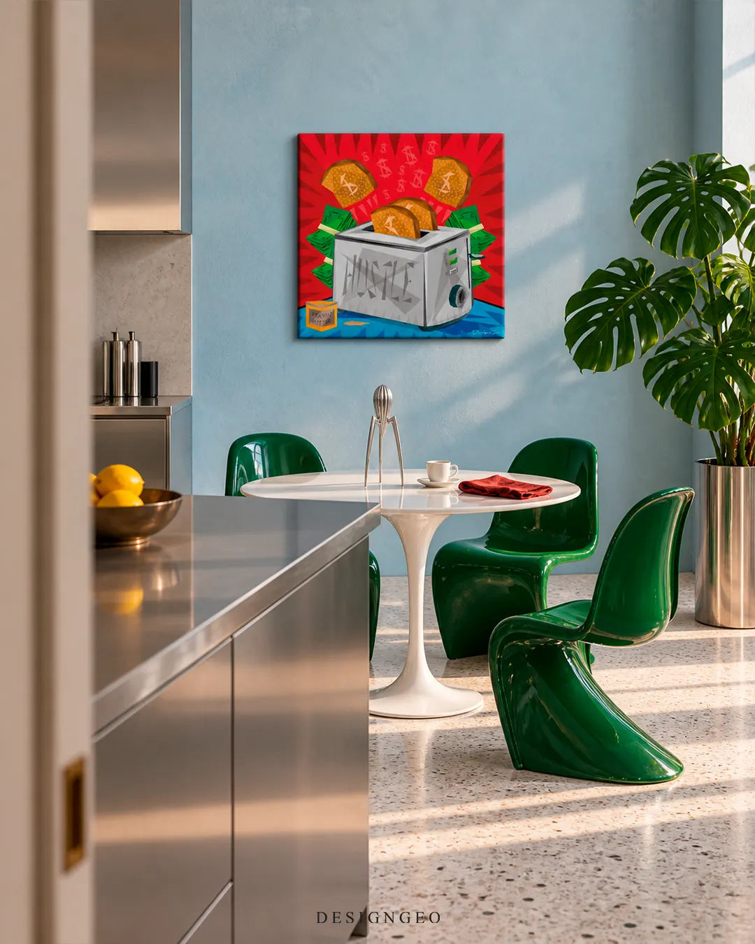 Modern kitchen dining area featuring a square canvas print of a chrome toaster labeled HUSTLE popping dollar-sign toast surrounded by money stacks against a red background