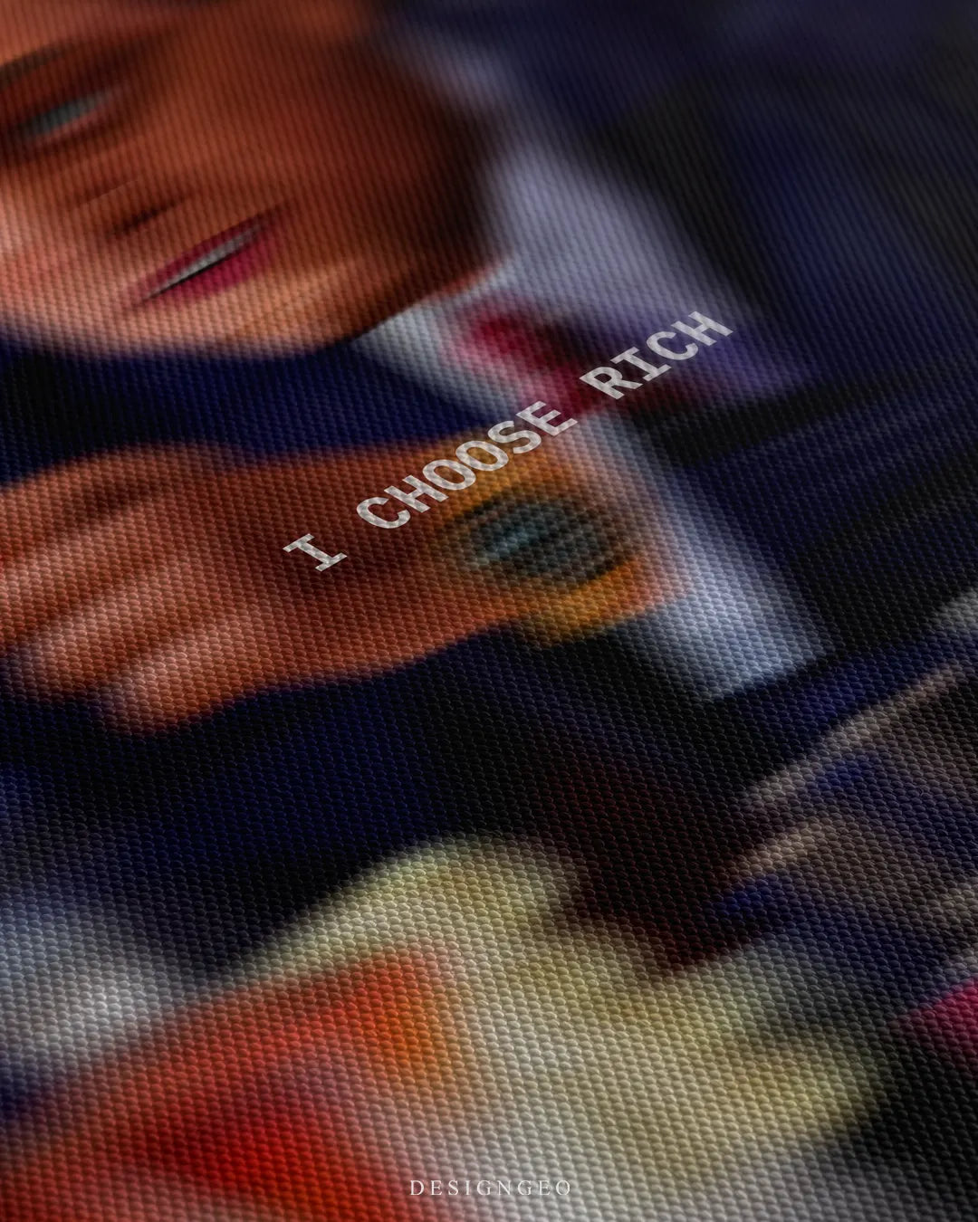 Angled detailed macro texture of fine woven canvas print showing Jordan Belfort Wolf of Wall Street portrait pointing finger with I Choose Rich quote