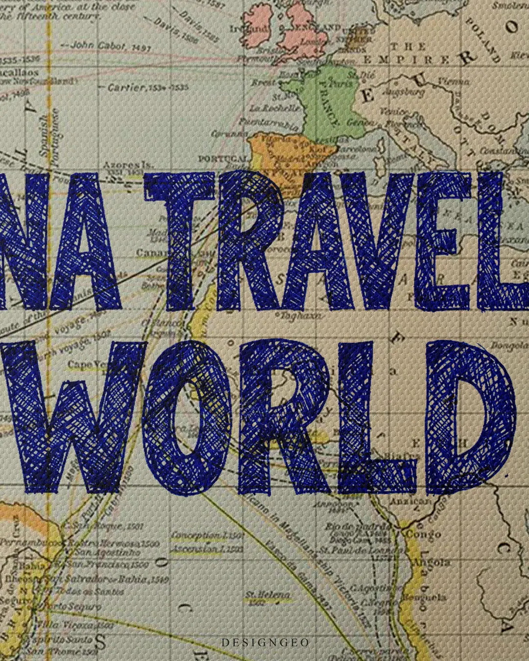 Medium shot close-up highlighting dark blue ballpoint pen hatch texture on the phrase I Wanna Travel The World over historic Atlantic Ocean navigation map lines