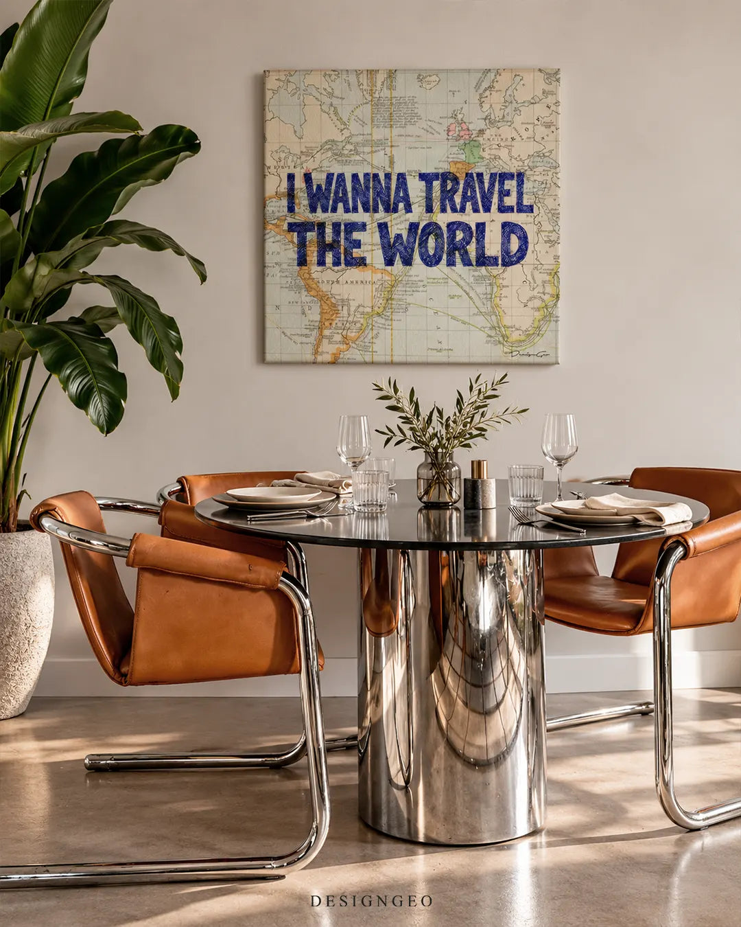 I Wanna Travel The World blue text over vintage world map square canvas wall art displayed on a beige wall in an elegant dining room above a chrome round table with leather chairs
