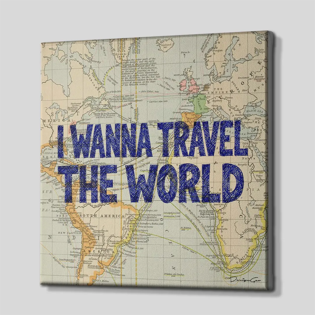 Three-quarter side angle of the I Wanna Travel The World map canvas wall art showing gallery-wrapped printed edges mounted on a sturdy wooden stretcher frame