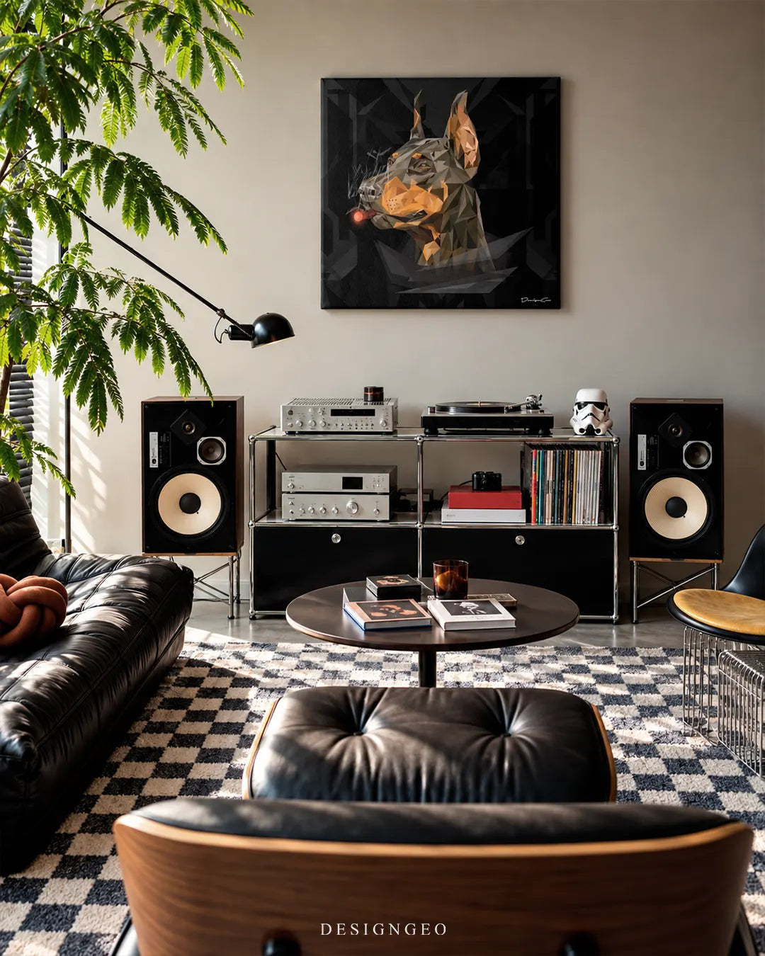 Geometric low poly Doberman dog head profile square canvas wall art displayed on a beige wall in a modern living room above a chrome stereo console with vintage speakers