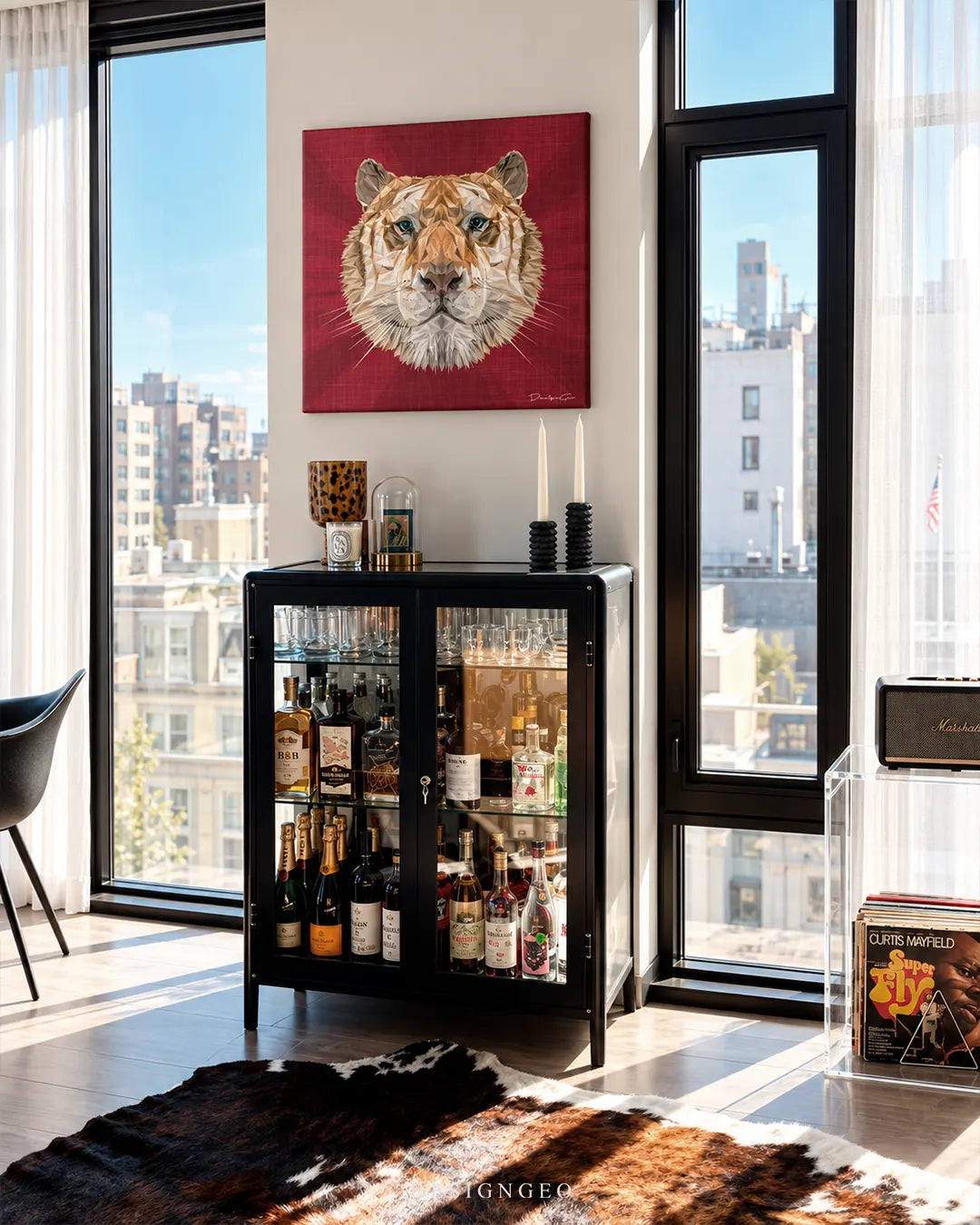 Geometric low poly tiger head portrait square canvas wall art with red background displayed on a white wall in a modern apartment above a black metal bar cabinet between large windows