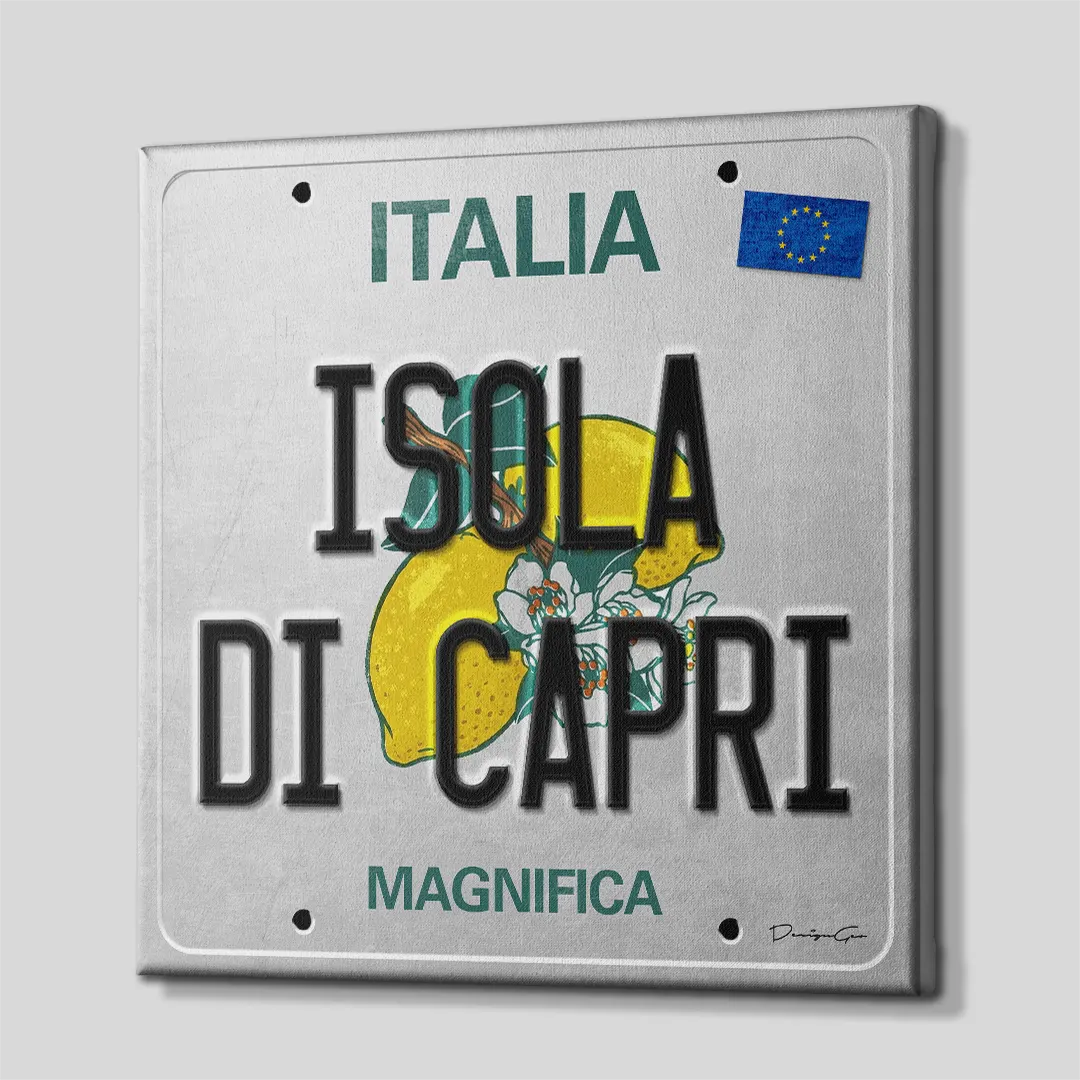 Three-quarter side angle of the Isola Di Capri Italian license plate canvas wall art showing gallery-wrapped printed edges mounted on a wooden stretcher frame