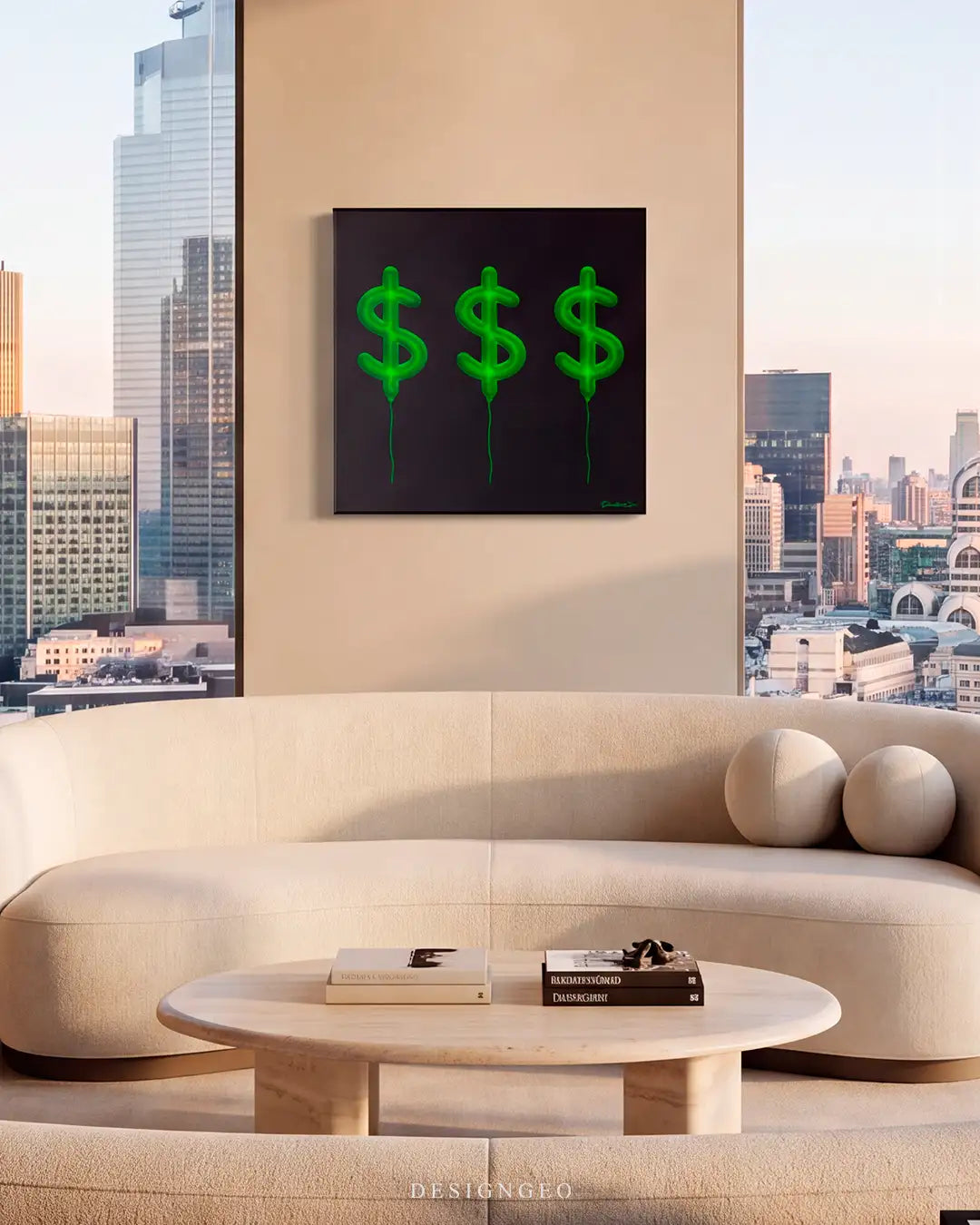 Luxury modern penthouse living room with three green dollar sign balloons canvas wall art hanging on a warm beige wall, overlooking a city skyline behind a curved white sofa