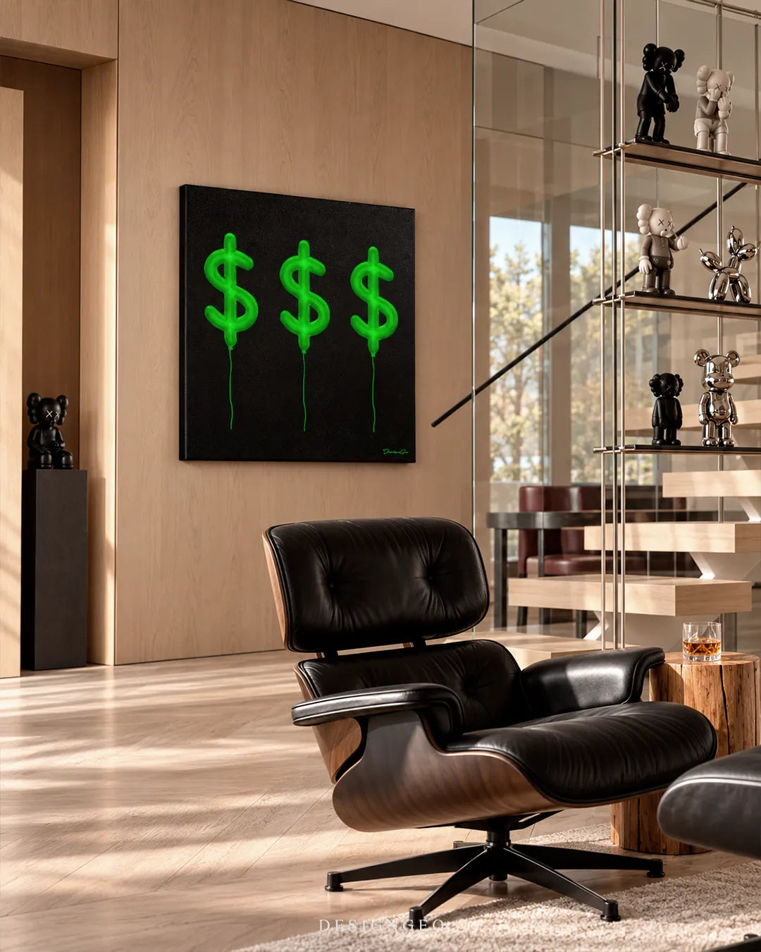 Three green neon dollar sign balloons on black background square canvas wall art displayed on a light wood panel wall in a luxury lounge above a black leather lounge chair
