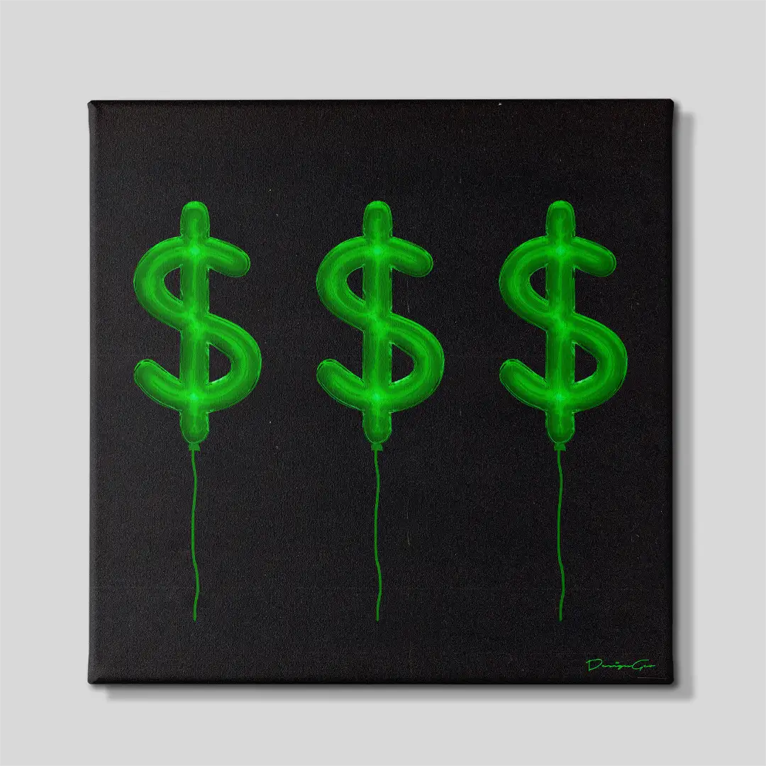 Front view of "Its a Party" square canvas print featuring three glowing green dollar sign balloons floating on a textured black background, ideal for wealth-themed office decor