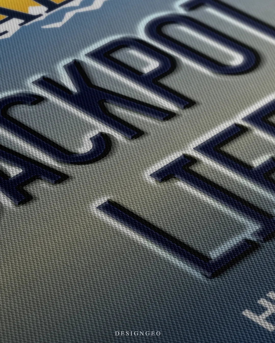 Angled close-up detail shot highlighting the 3D dark blue embossed JACKPOT LIFE letters, realistic light bevel effect, and fine woven canvas fabric texture
