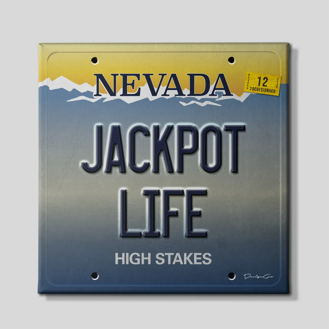 Front view of a square motivational canvas print styled as a retro Nevada license plate featuring dark blue JACKPOT LIFE lettering, mountain landscape, and HIGH STAKES slogan