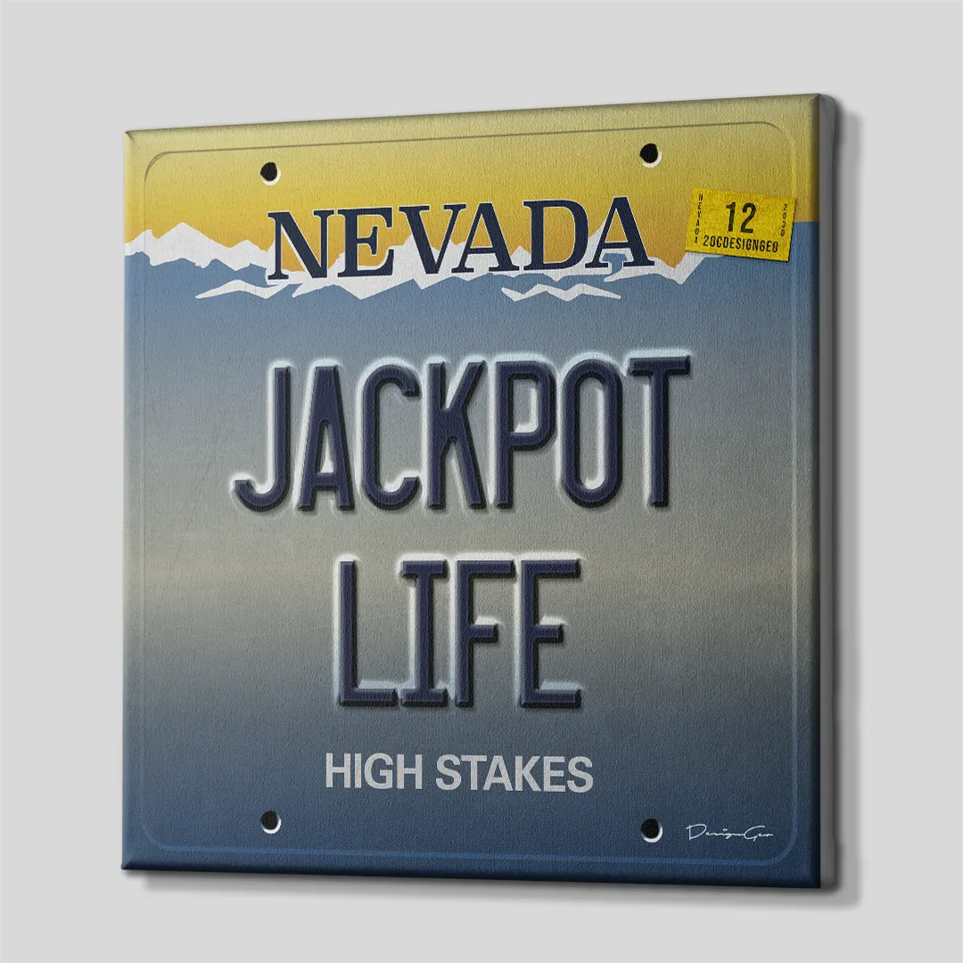 Three-quarter side angle of the Nevada license plate motivational canvas wall art showing gallery-wrapped dark blue edges mounted on a solid wooden frame