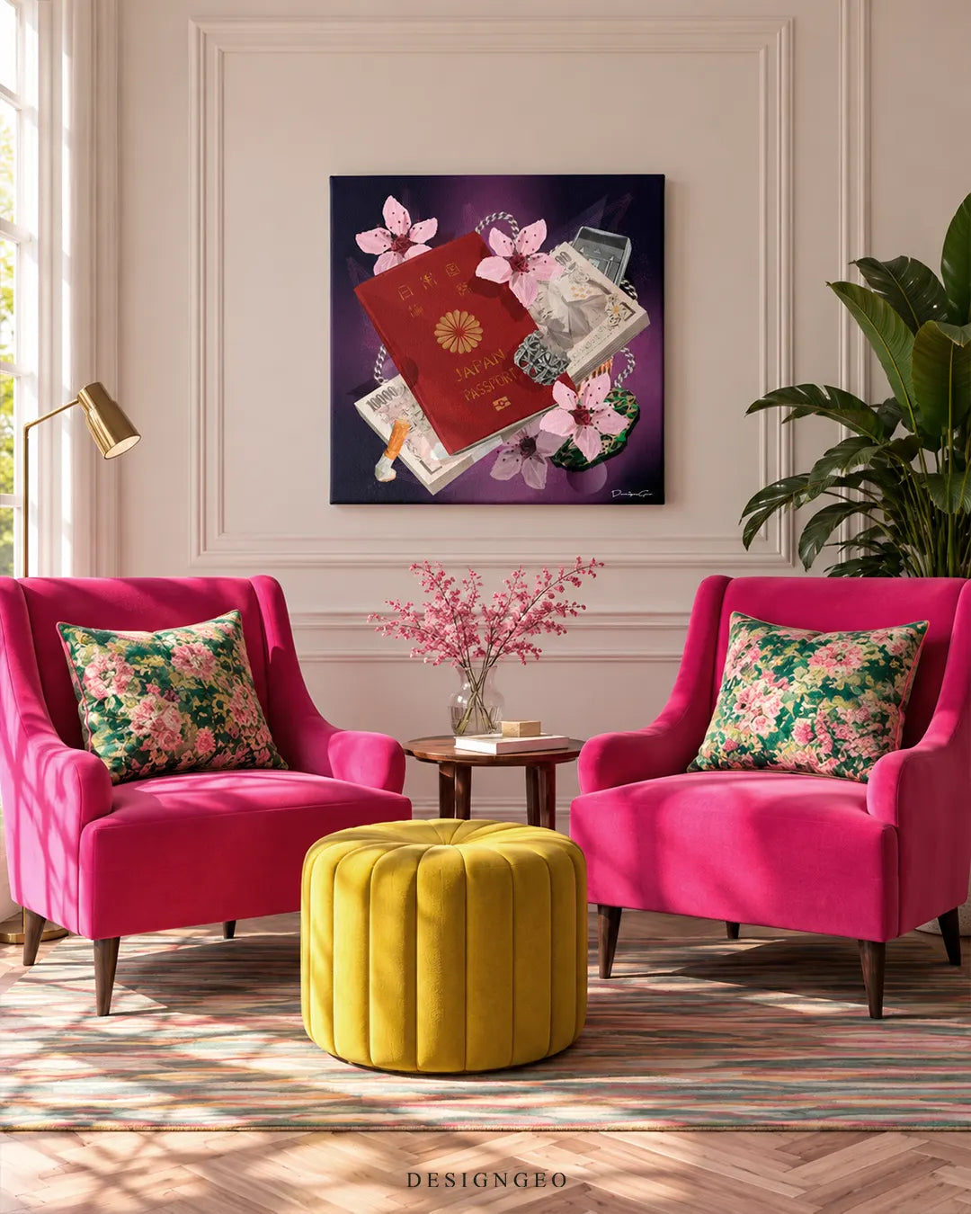 Red Japanese passport pink cherry blossoms and yen bills square canvas wall art displayed on a cream paneled wall above pink armchairs 0.75 inch thin wrap