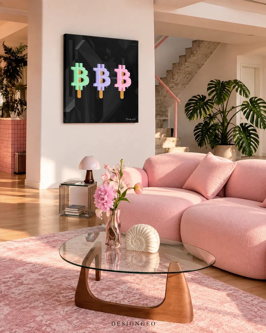 Three pastel Bitcoin popsicles with bite marks square canvas wall art displayed on a white wall in a modern pastel living room above a soft pink sofa 0.75 inch thin wrap