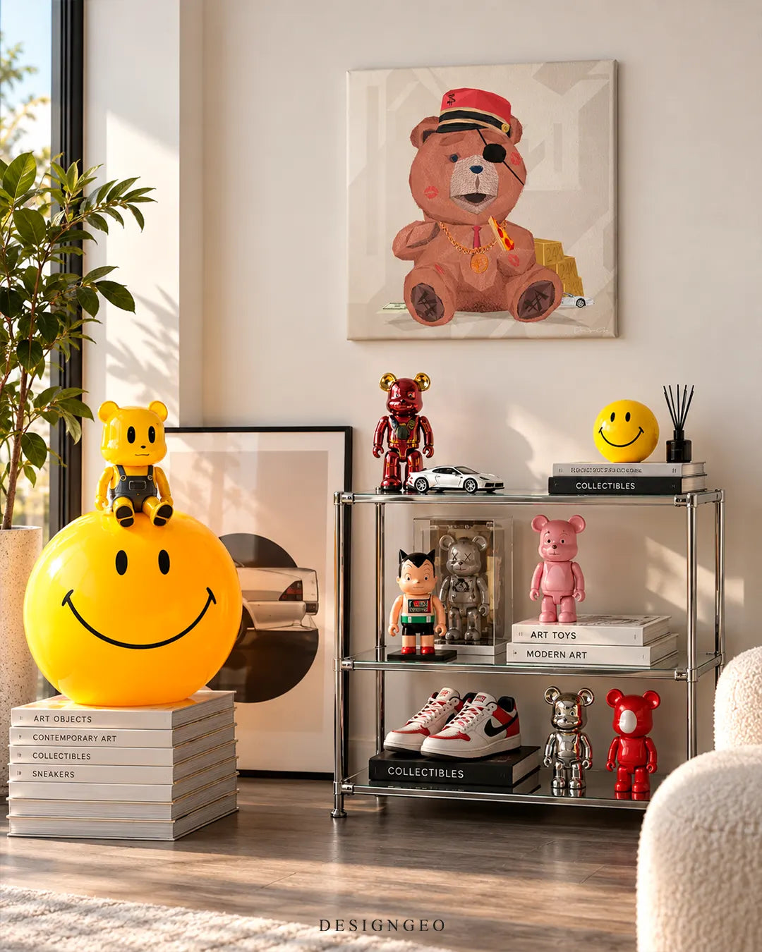 Pirate teddy bear square canvas wall art with eyepatch gold chain and red hat displayed on a beige wall in a modern collector room above a chrome shelf with art toys and sneakers