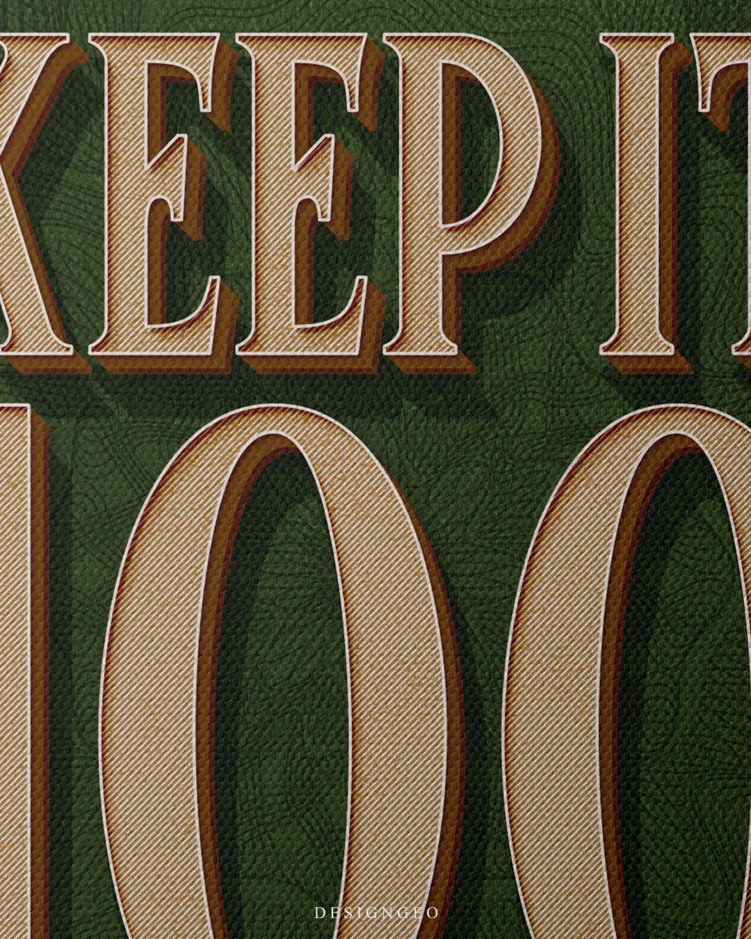 Close-up macro detail shot highlighting the textured canvas surface and engraved crosshatch typography of KEEP IT 100 on a green currency background